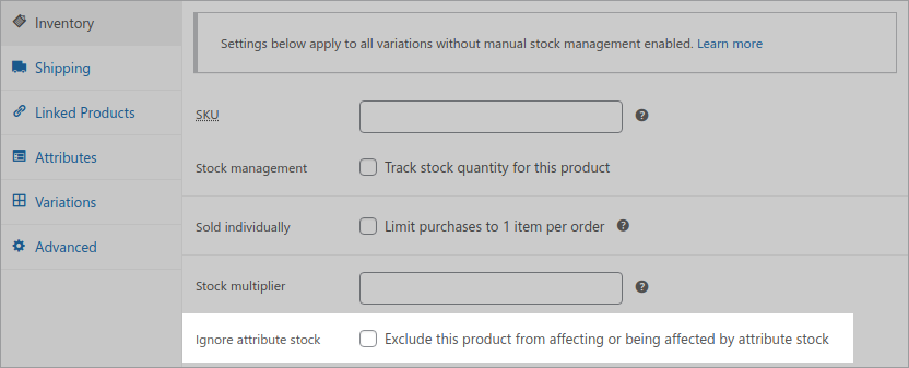 Ignore attribute stock for product